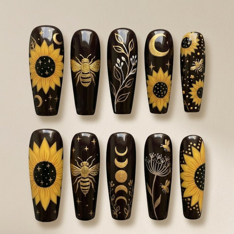 Sunflower Bee Elegant Nails