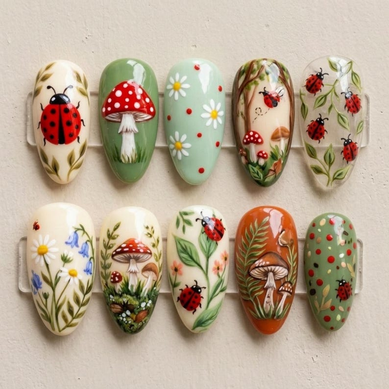 Forest Ladybug Mushroom Nails