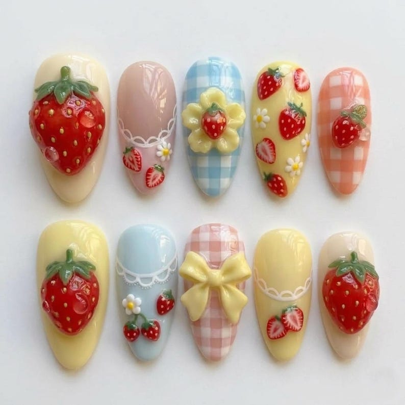 Kawaii Strawberry Gingham Press On Nails