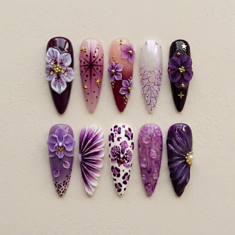 Purple Ombre 3D Flower Press On Nails