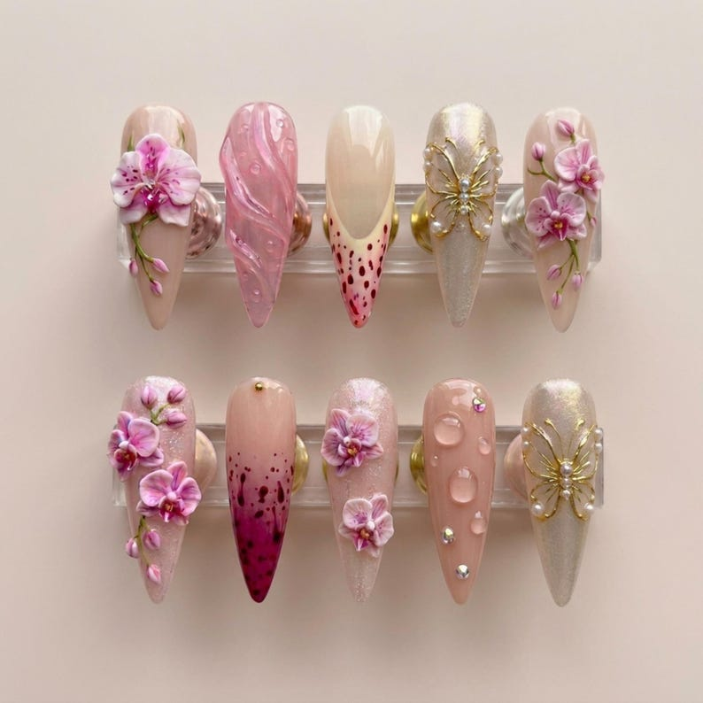 Pink Orchid 3D Flower Press On Nails