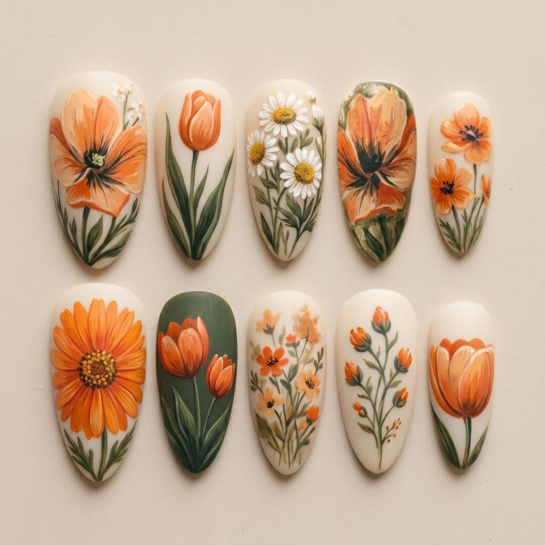 Orange Floral Press On Nails