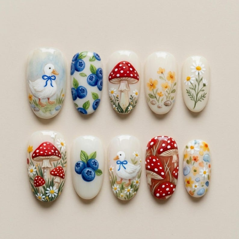 Cottagecore Duck Mushroom Nails