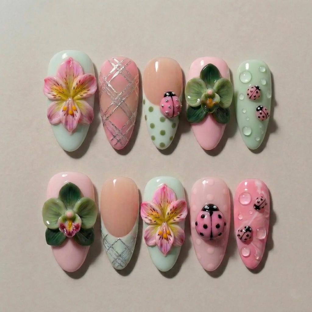 Pastel Flower Ladybug Nails