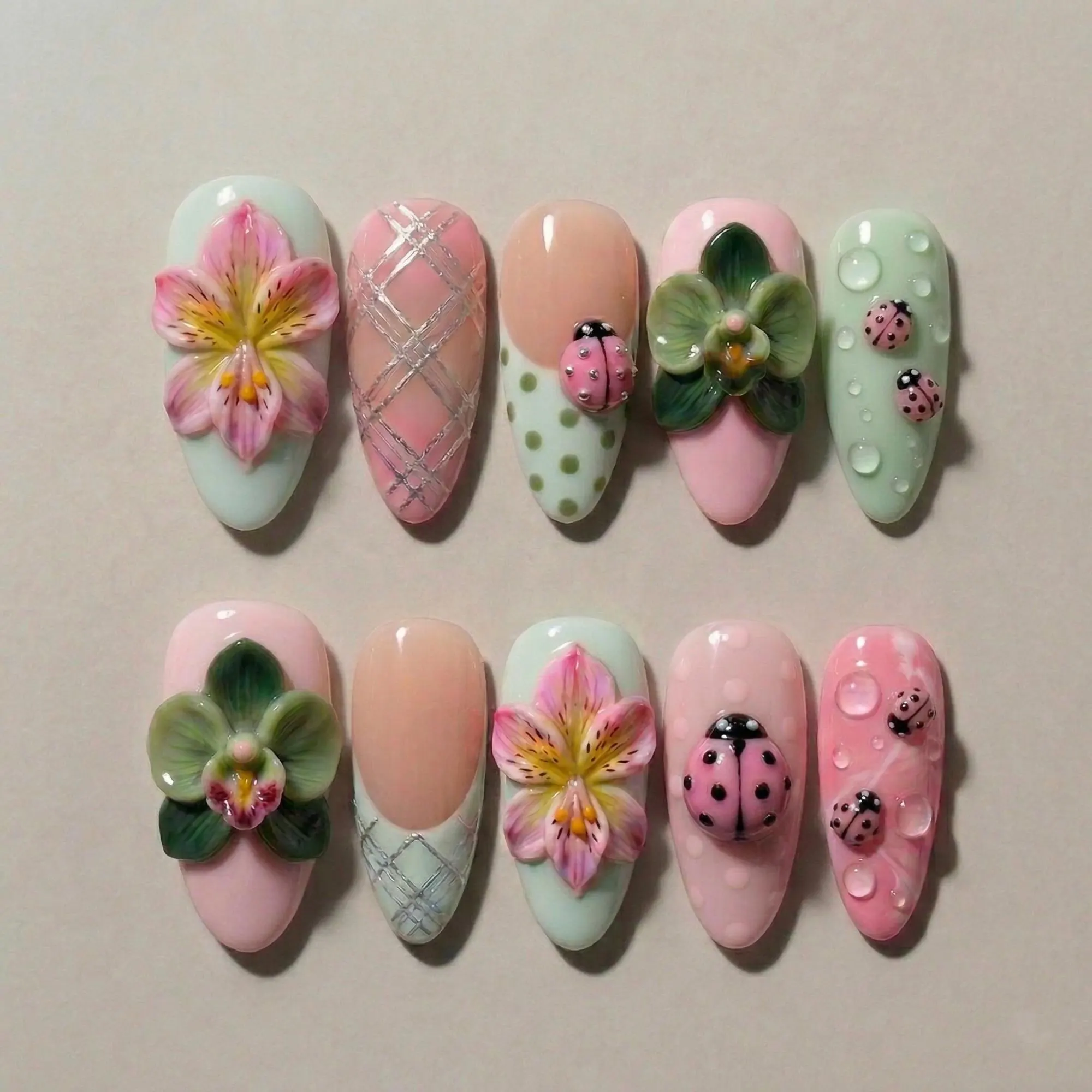 Pastel Flower Ladybug Nails