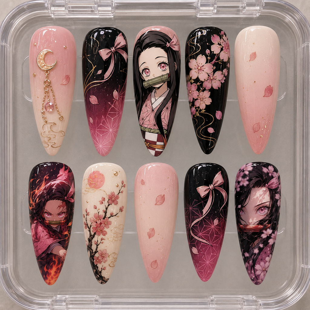 Nezuko Cherry Blossom Fantasy Nail Set