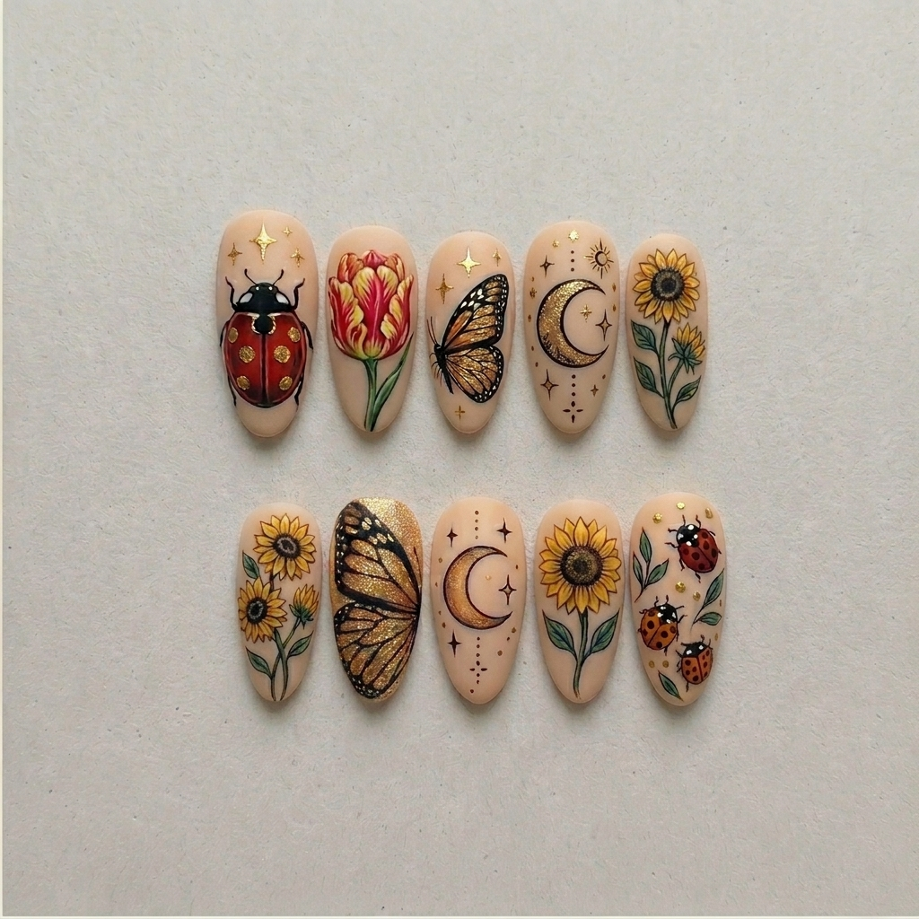 Ladybug Sunflower Butterfly Nails