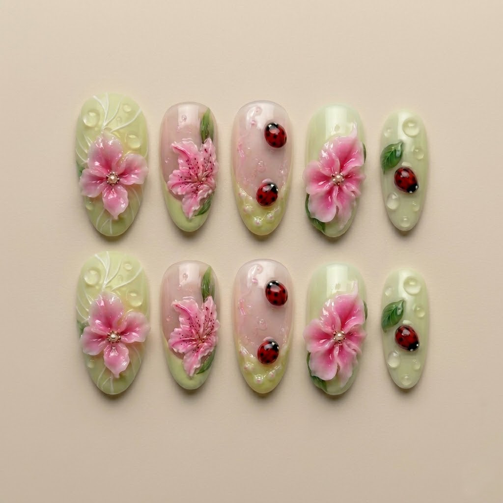 Pink Lily Ladybug Press On Nails