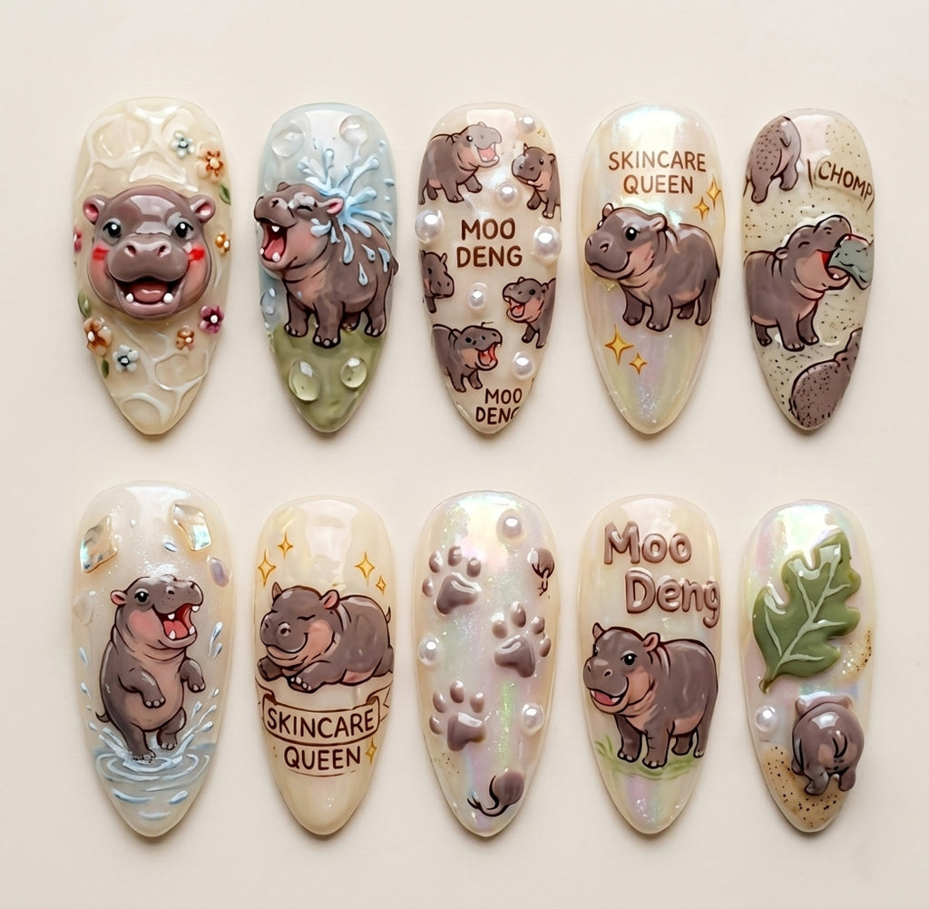 Cute Hippo Press On Nails