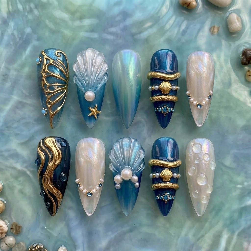 Golden Seashell Elegance Nail Set