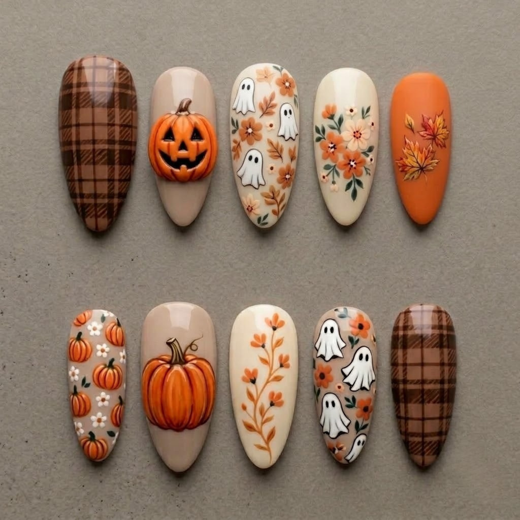 Halloween Pumpkin Ghost Plaid Press On Nails