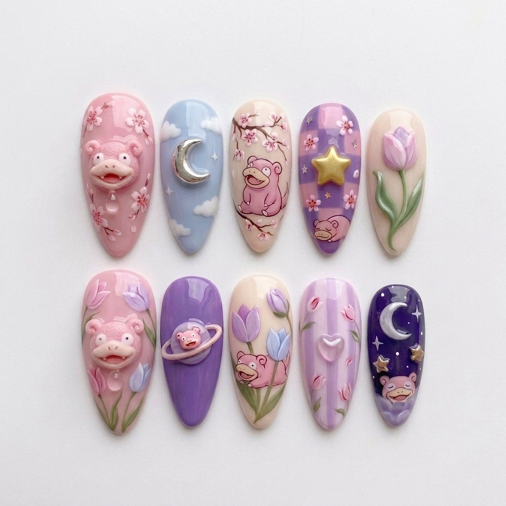 Dreamy Pink Sleepy Creature Press On Nails