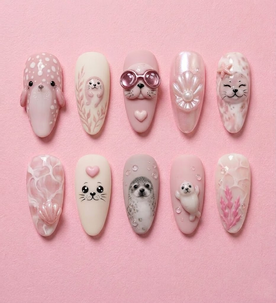 Pink Baby Seal Ocean Pearl 3D Nail Art