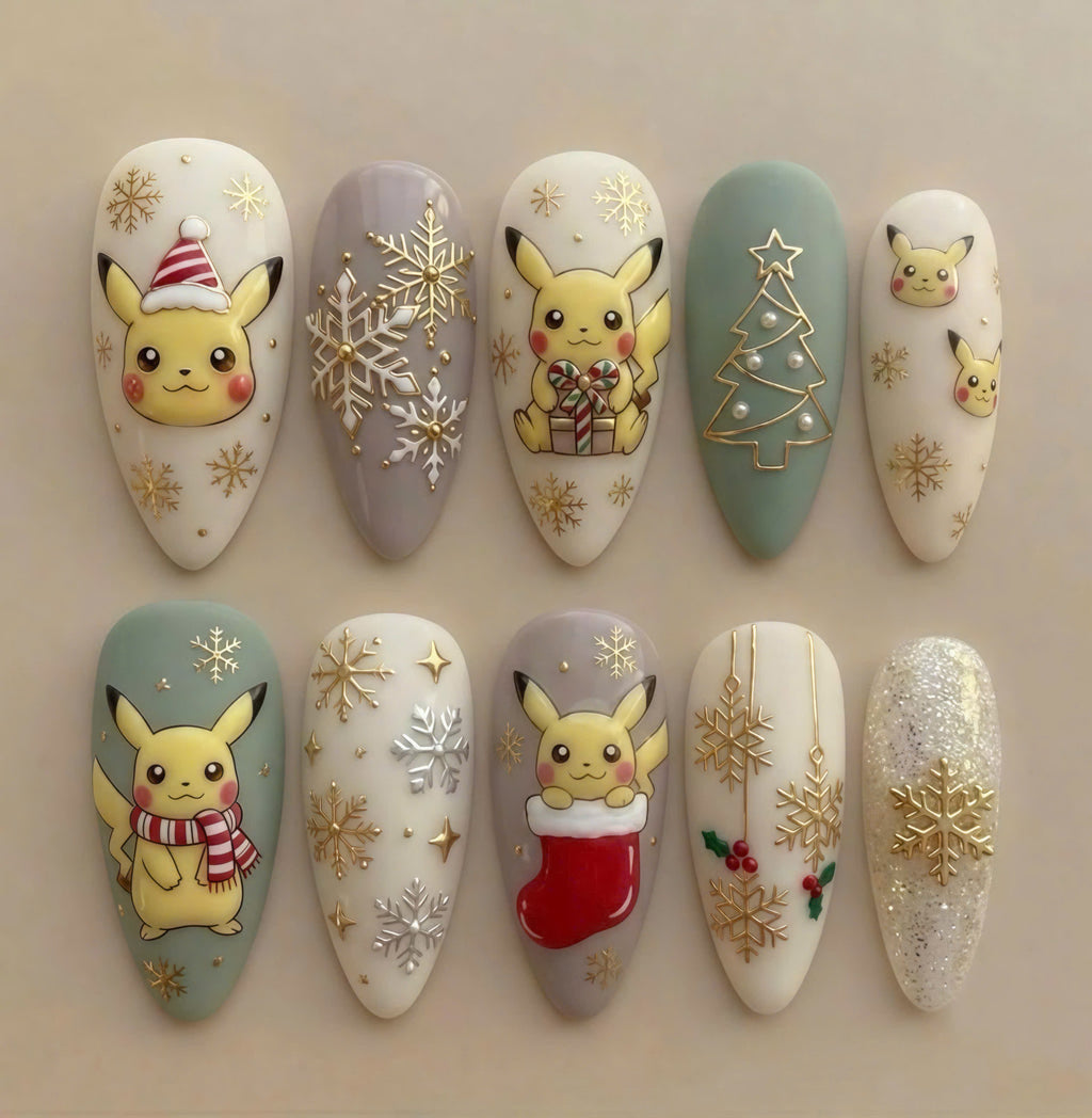 Festive PikaXmas Snowflake Nails