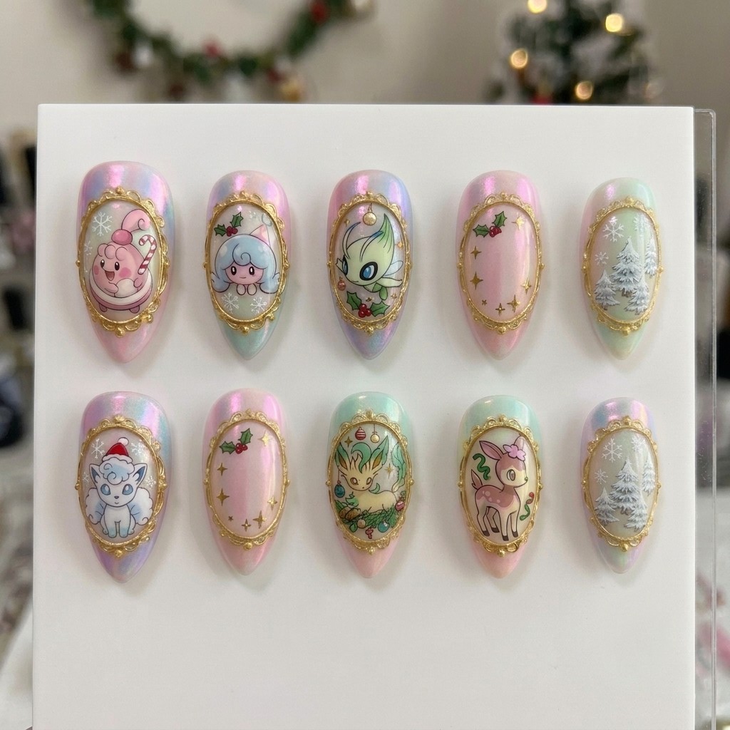 Winter Holographic Pocket Monsters Nails