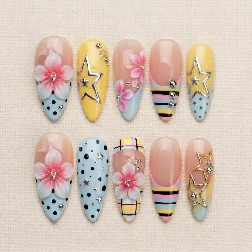 Pastel Star Bloom Press On Nails