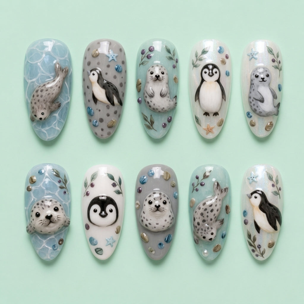 Cute Seal and Penguin Press On Nails
