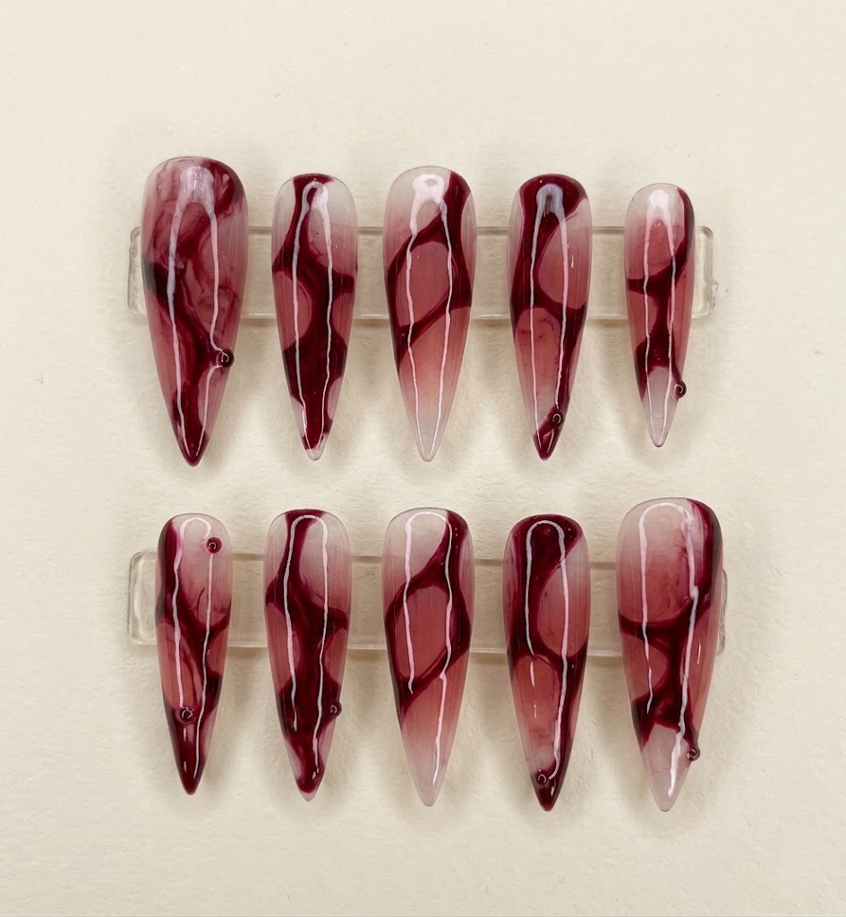 Crimson Glass Vein Stiletto Nails