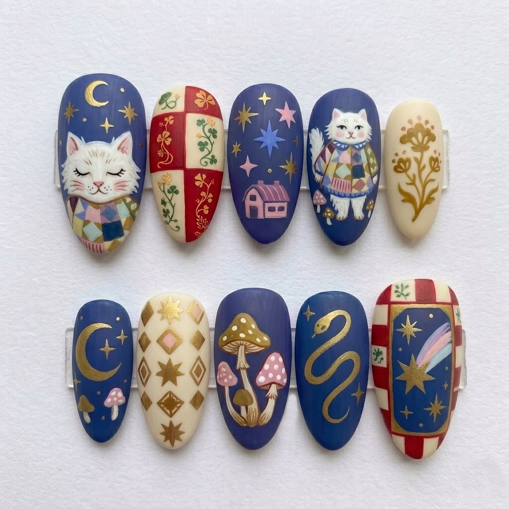 Fantasy Cottagecore Cat Nails