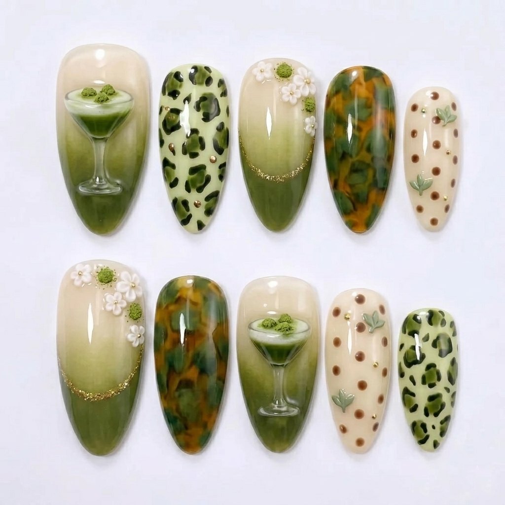 Leopard Matcha Press On Nails