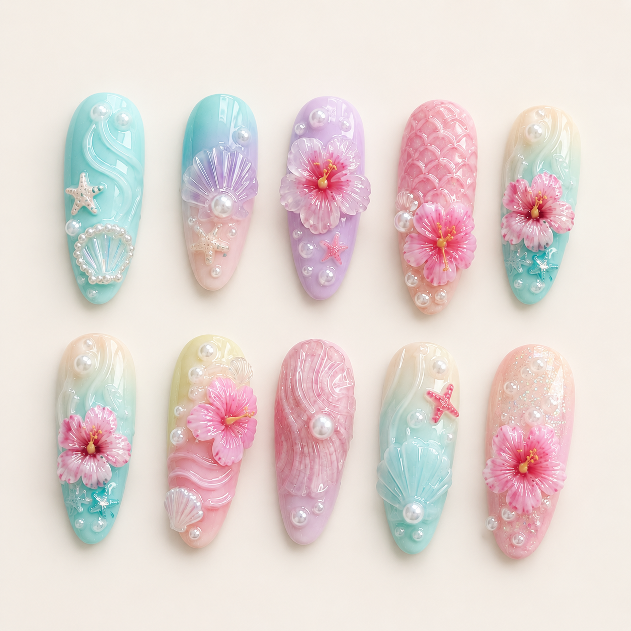 Pastel Mermaid Hibiscus Press On Nails