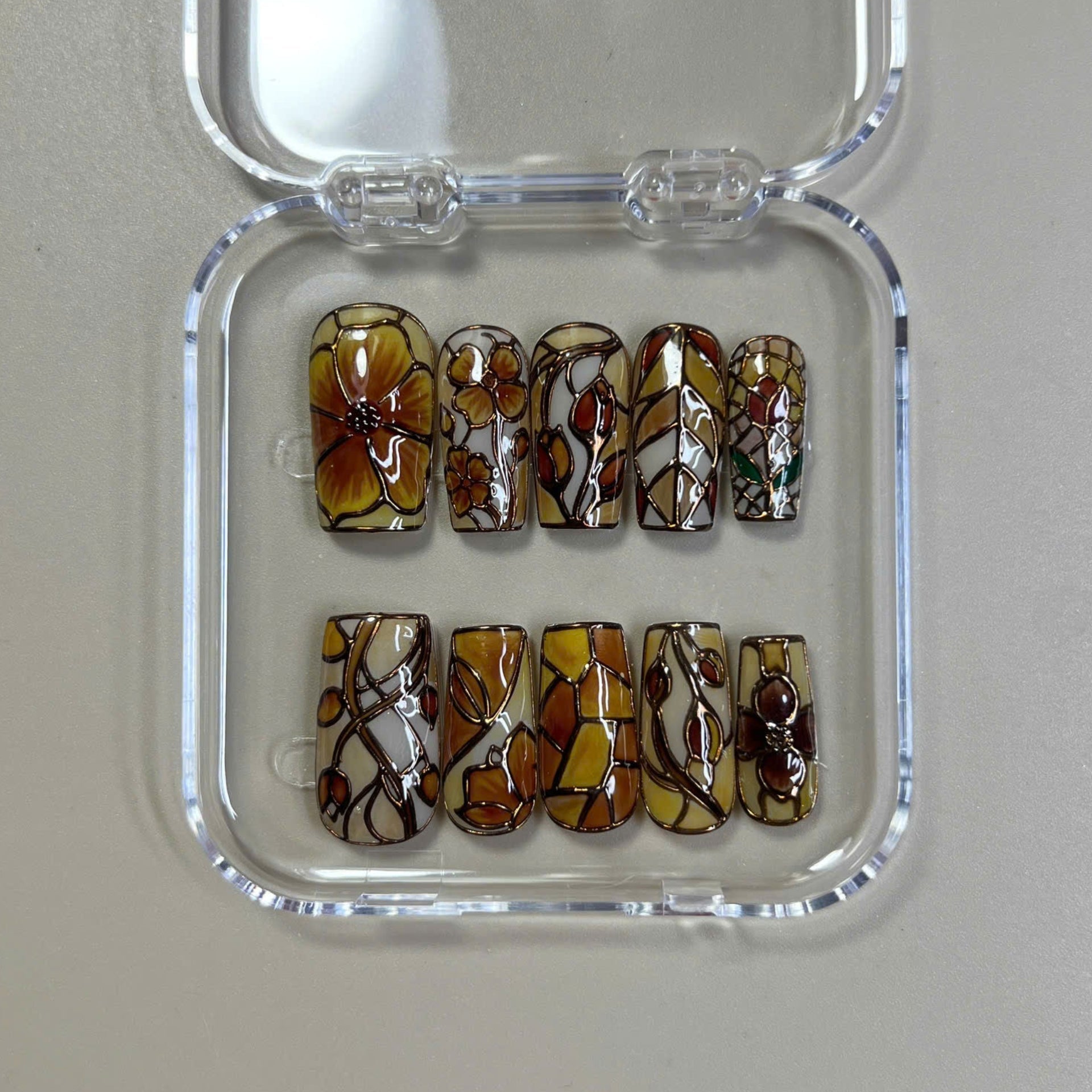 Amber Stained Glass Floral Nails