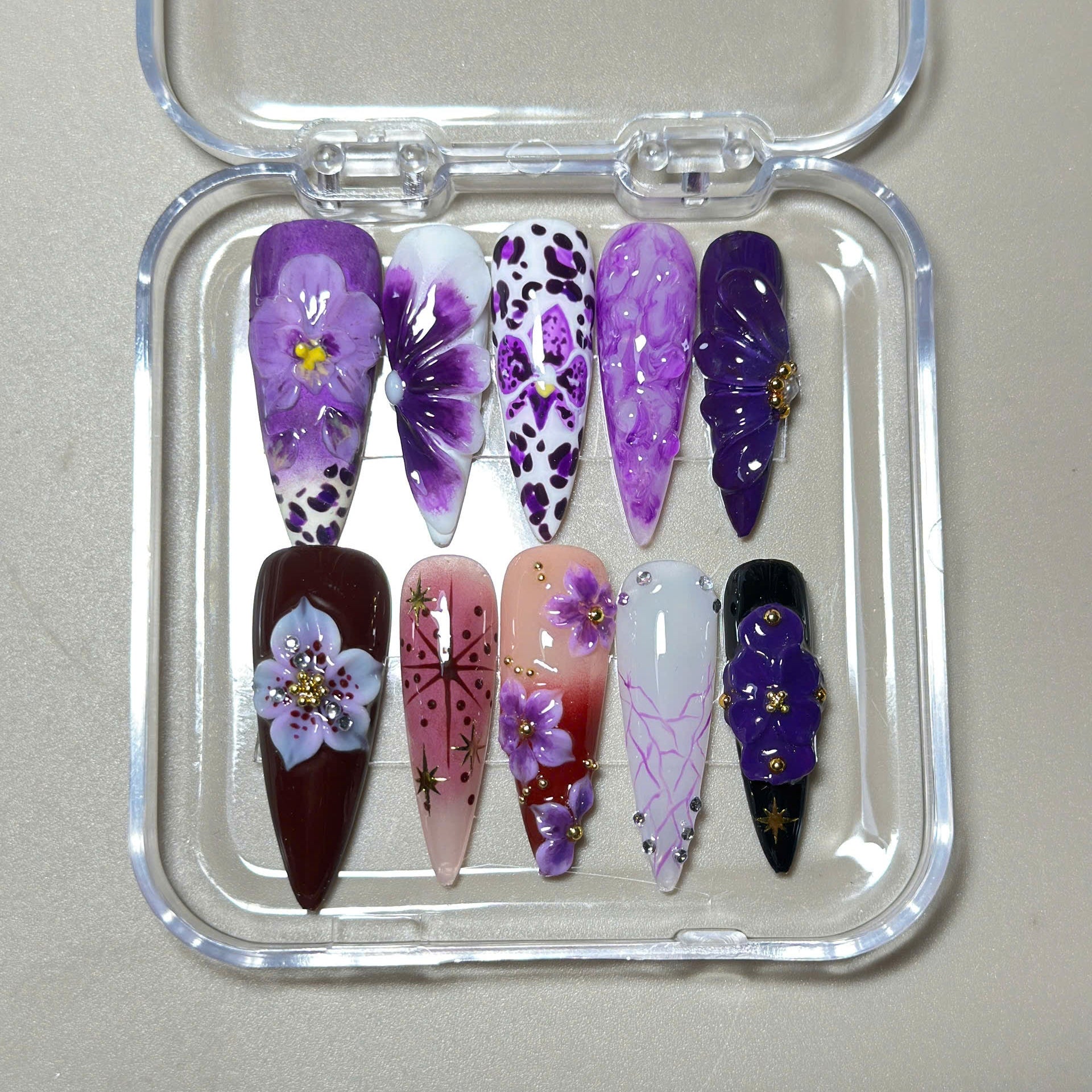 Purple Ombre 3D Flower Press On Nails