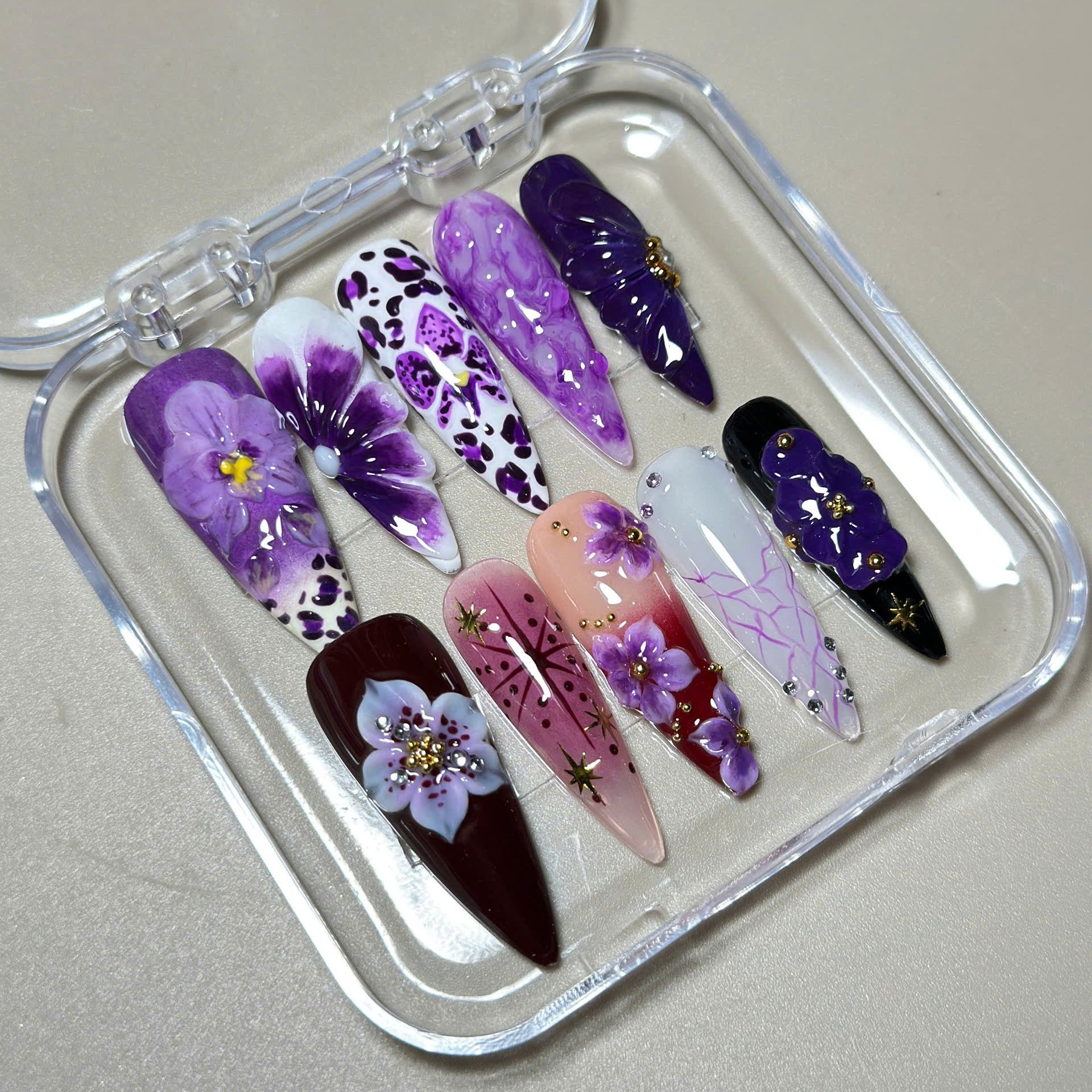Purple Ombre 3D Flower Press On Nails