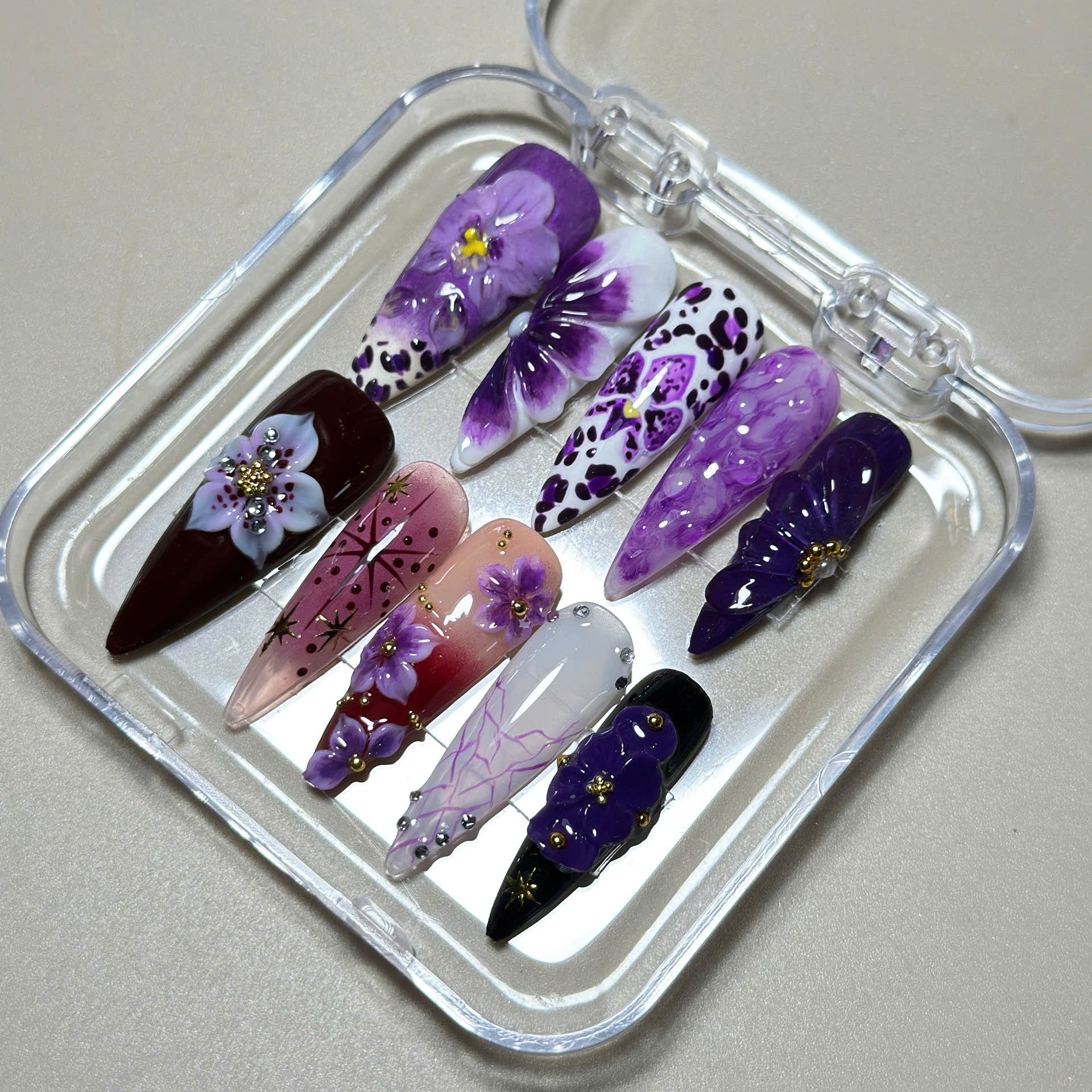 Purple Ombre 3D Flower Press On Nails